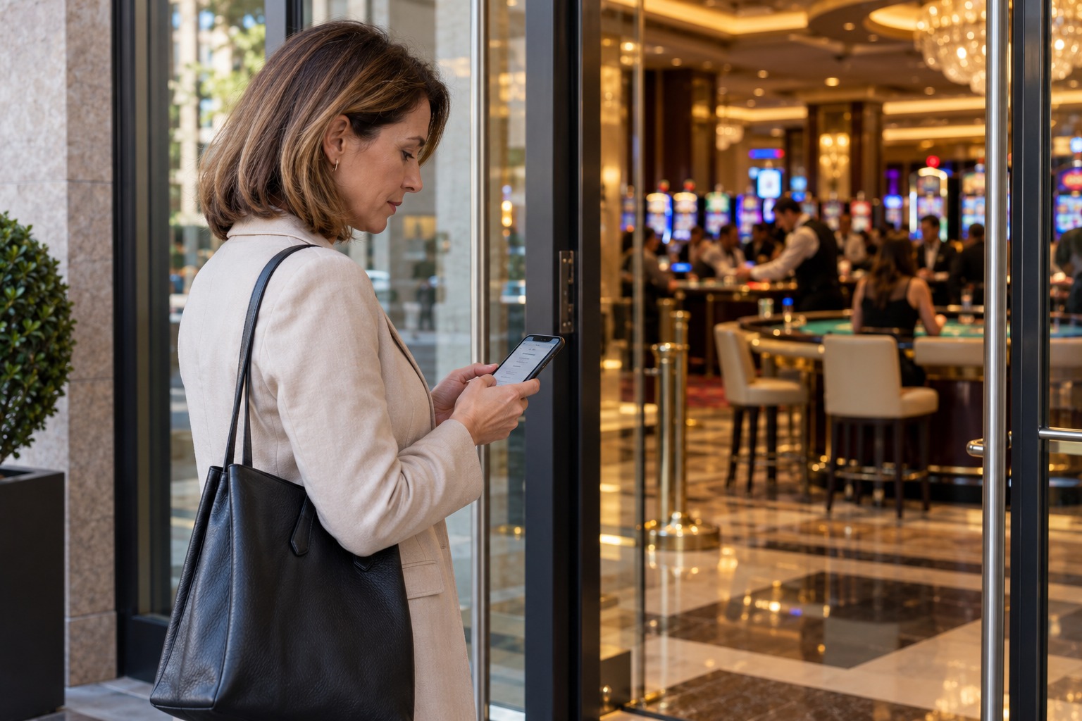 Player checking casino licensing details by a casino entrance