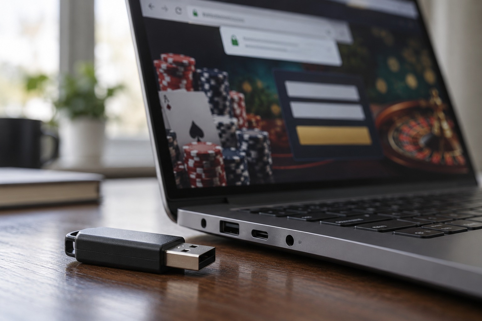USB device beside a laptop open to a casino login with a browser alert
