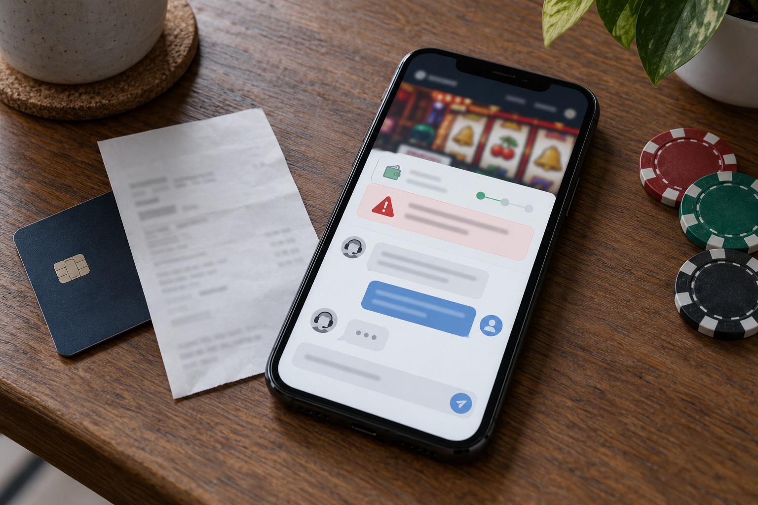 Smartphone showing a suspicious casino support message beside a payment card and casino chips