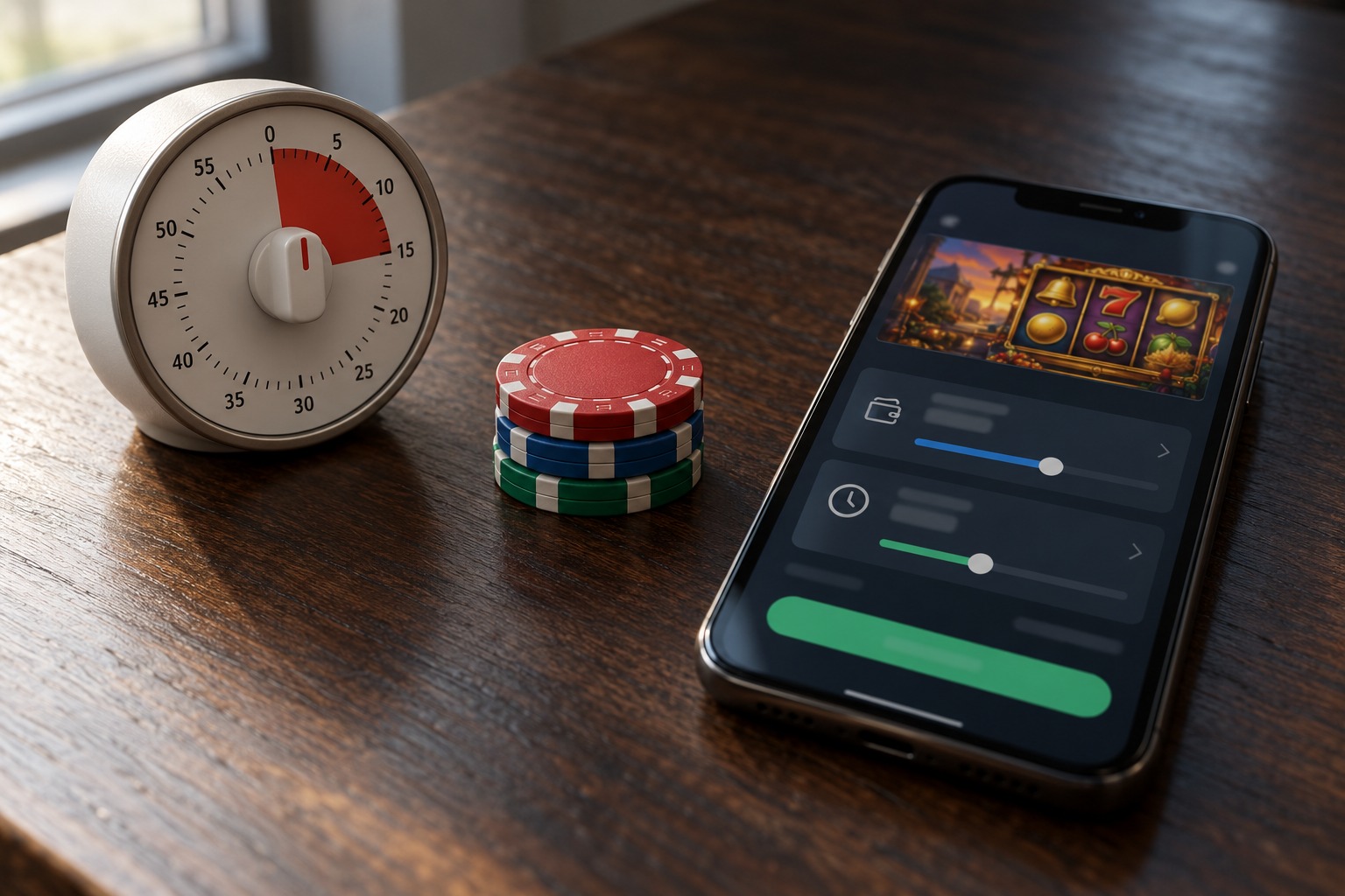 Casino chips, kitchen timer and account limit controls on a phone