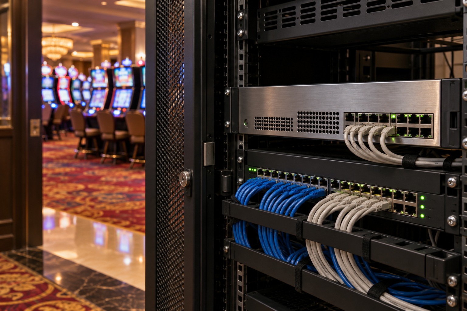 Firewall and network switch inside a casino service room