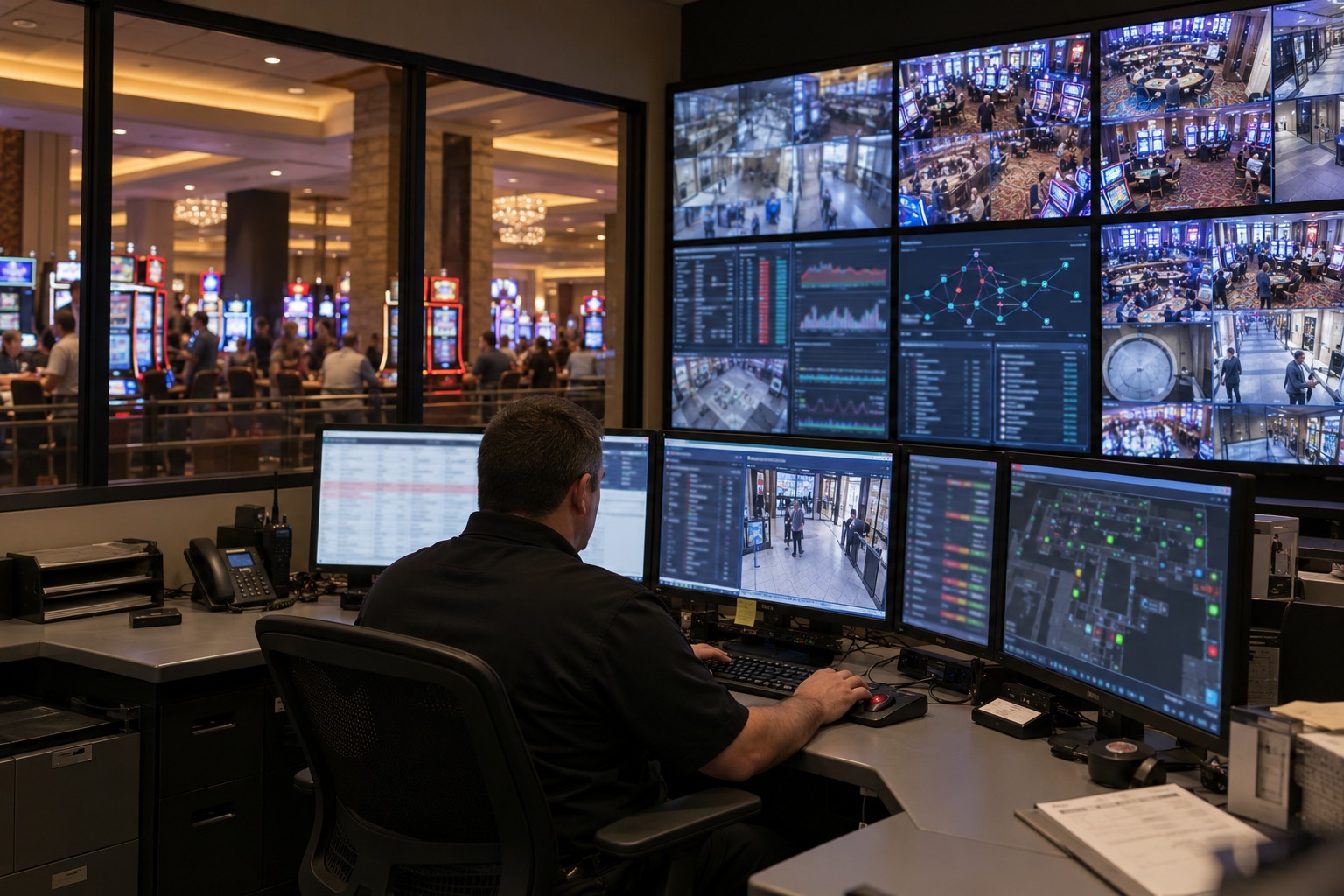 Casino security operator monitoring network activity and gaming-floor cameras