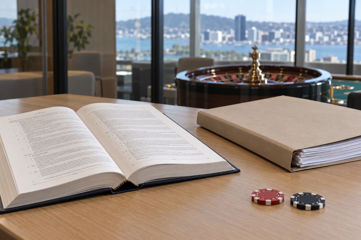 Gambling statute book and casino chips beside a roulette table