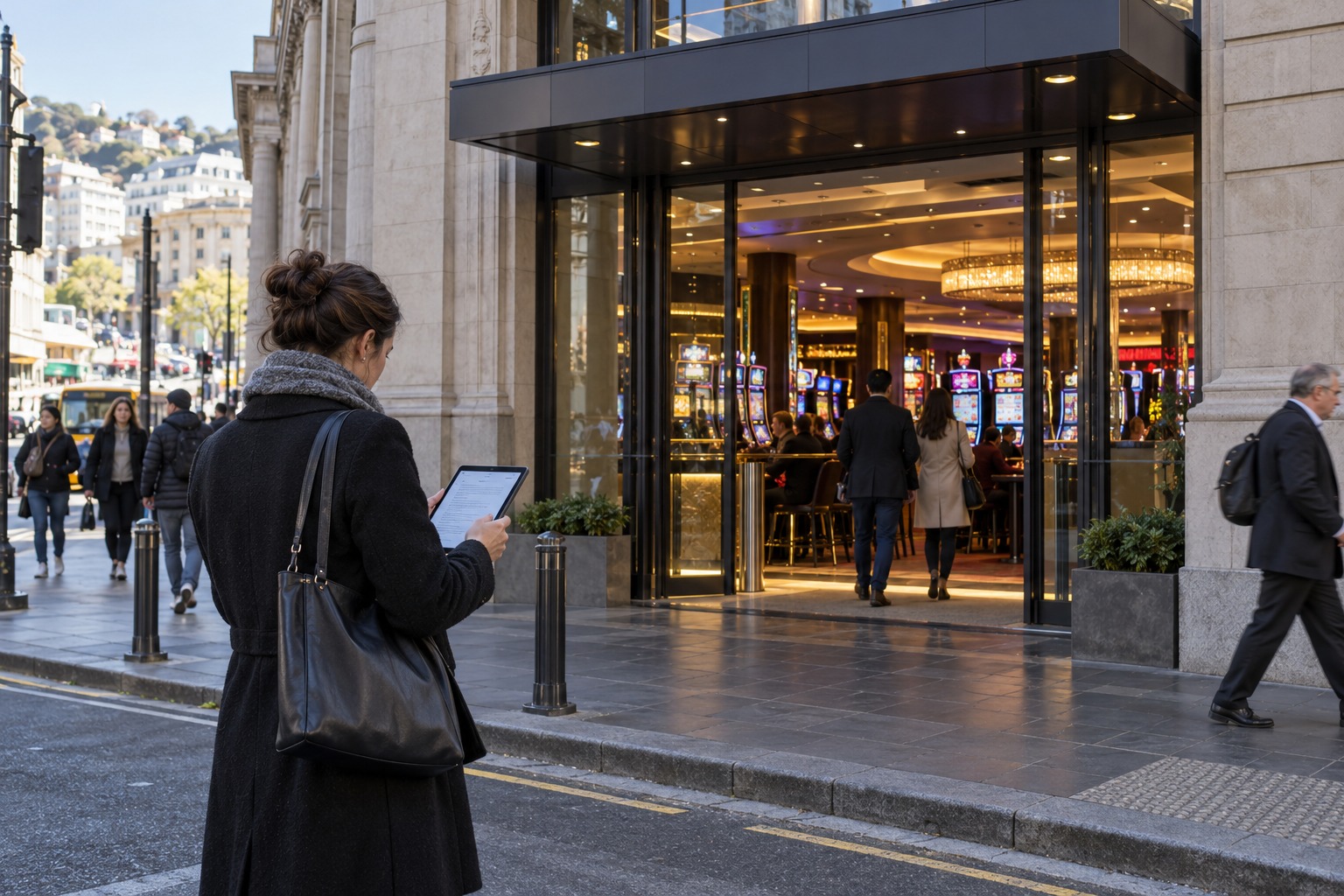 Visitor checking an online casino's legal status outside a casino entrance