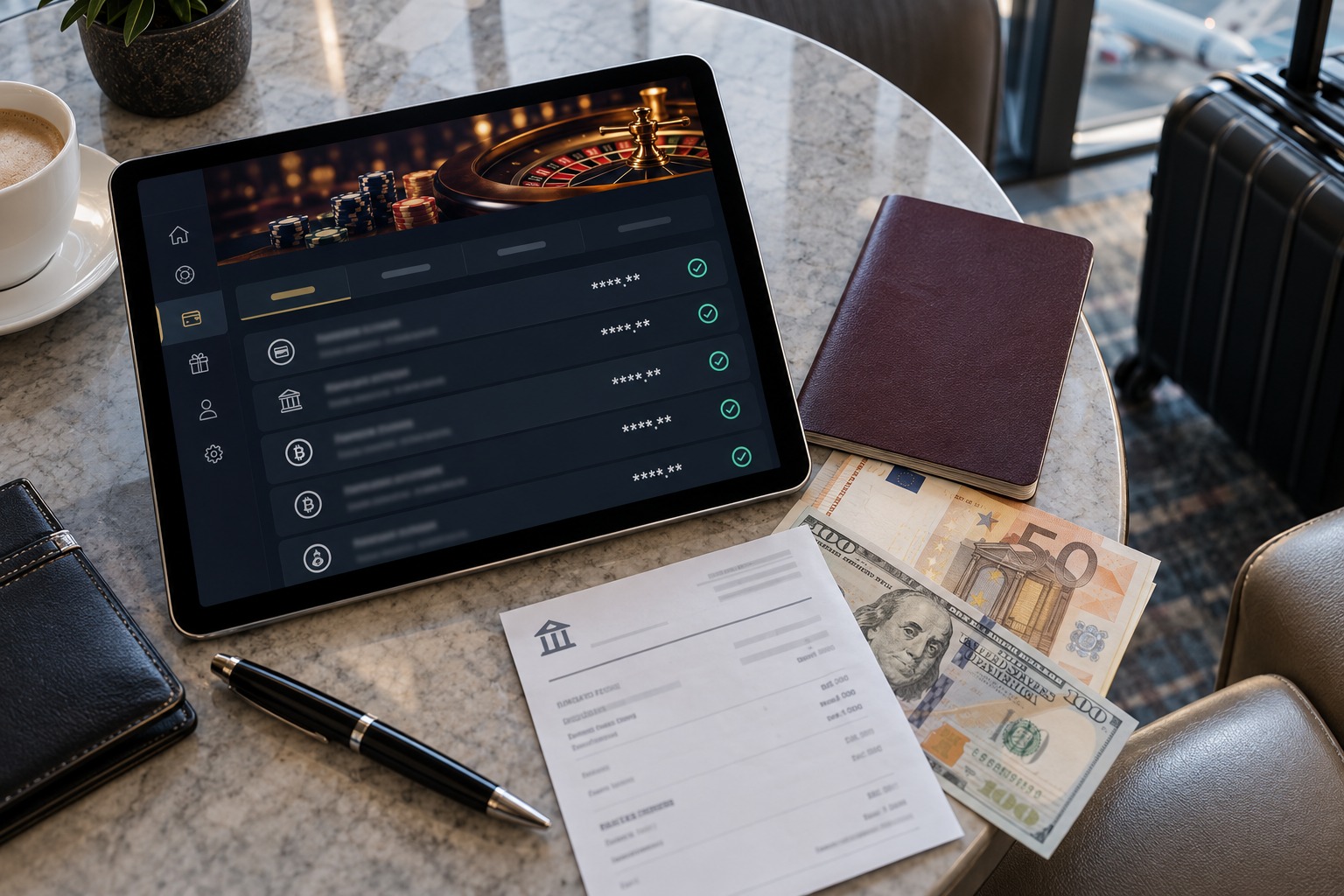 Casino withdrawal records beside foreign currency and travel documents