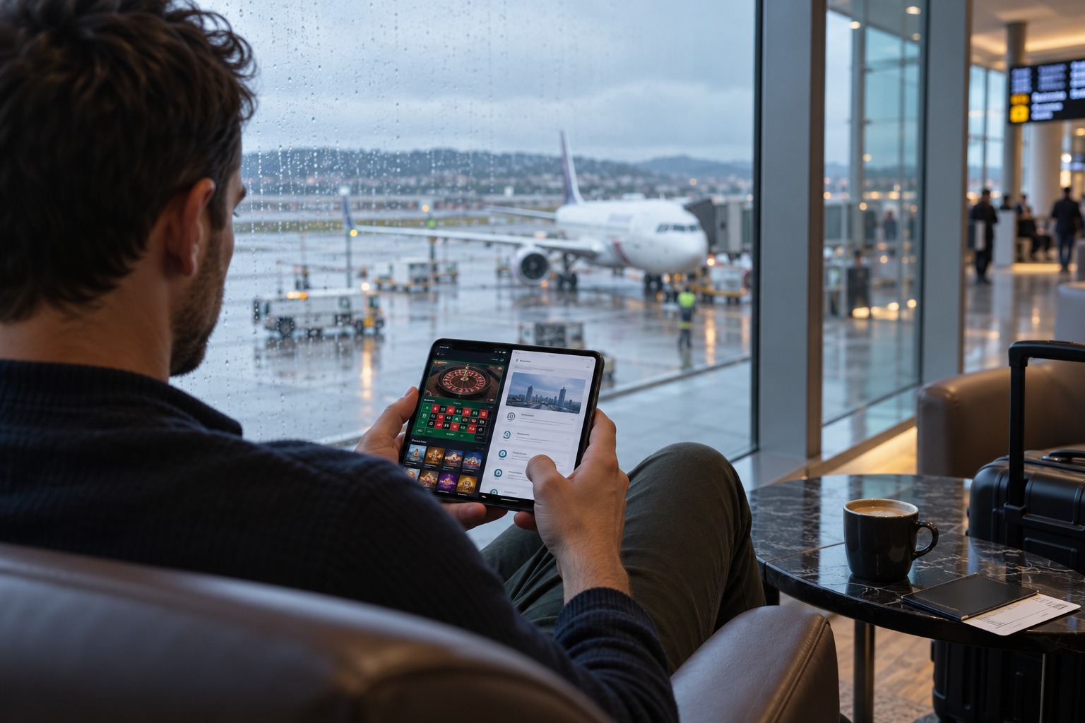 Traveler reviewing an offshore online casino account at an airport