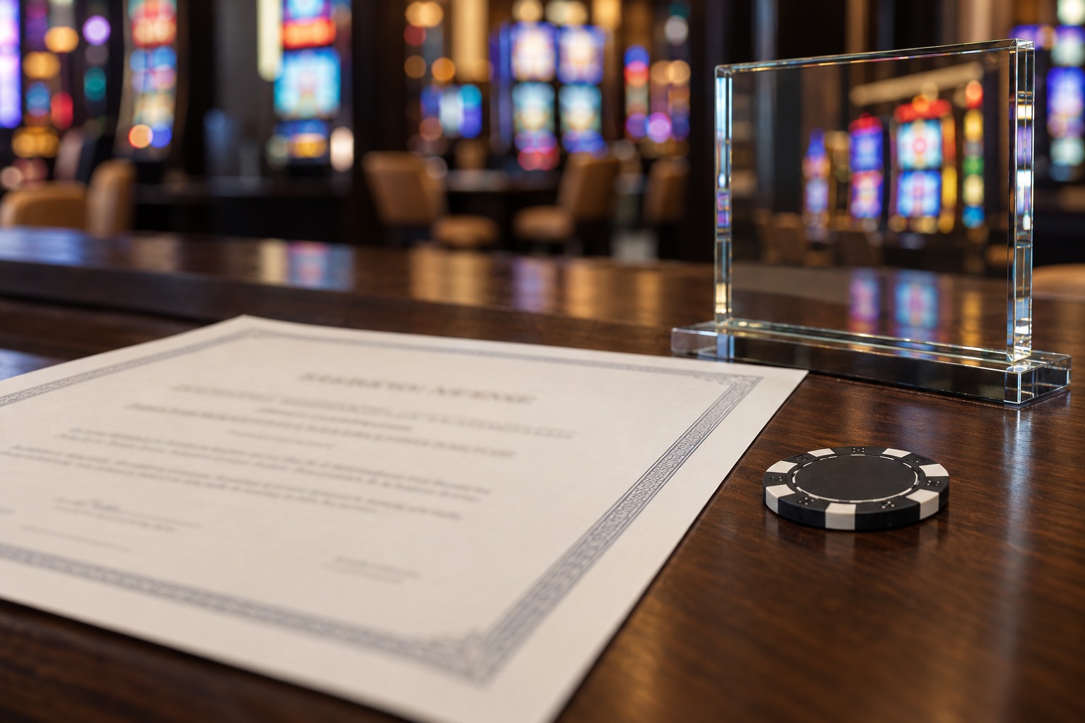 Casino licence display and chip on a casino counter