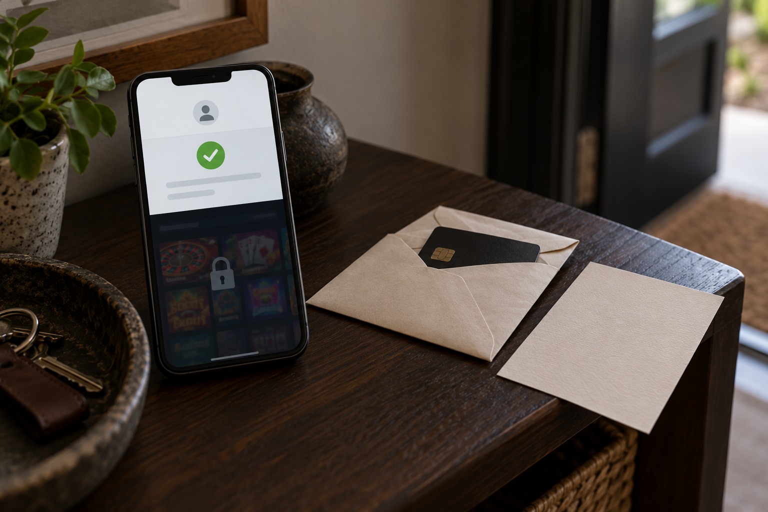 Casino account exclusion confirmation with a bank card set aside