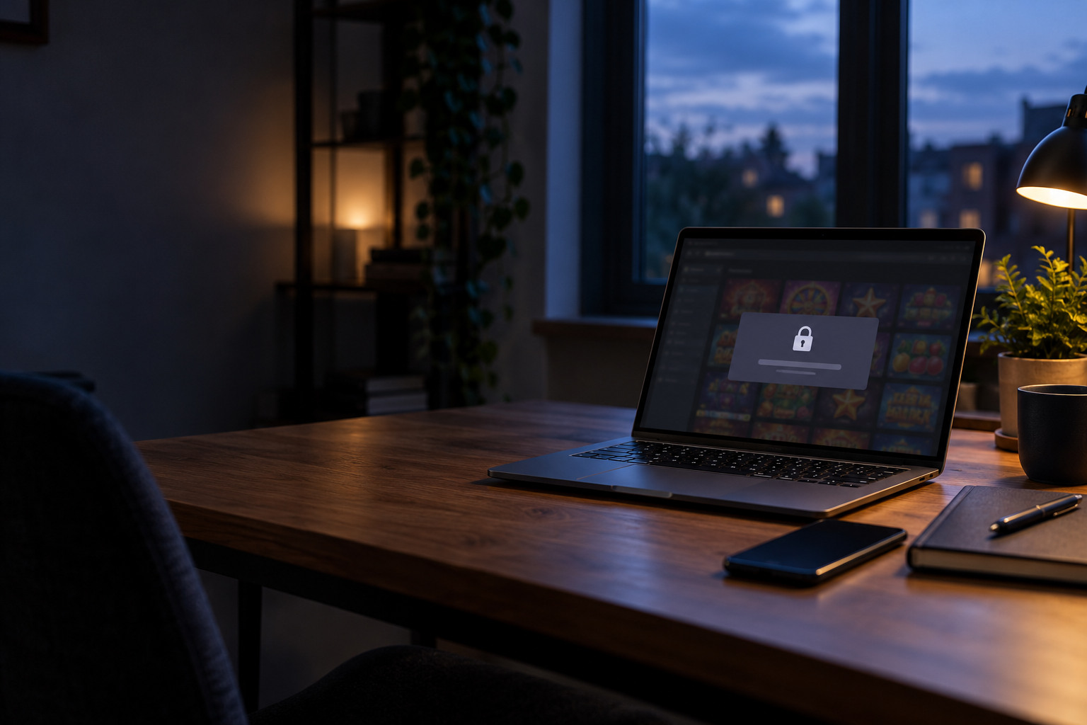 Unattended laptop showing a locked online casino lobby after self-exclusion