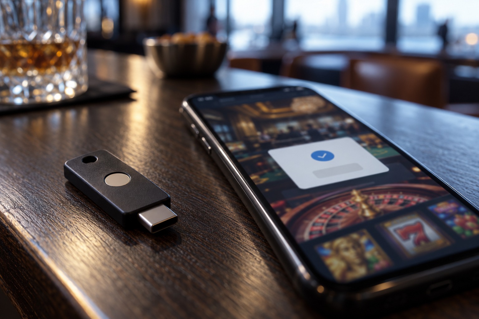 Hardware security key beside an online casino sign-in prompt