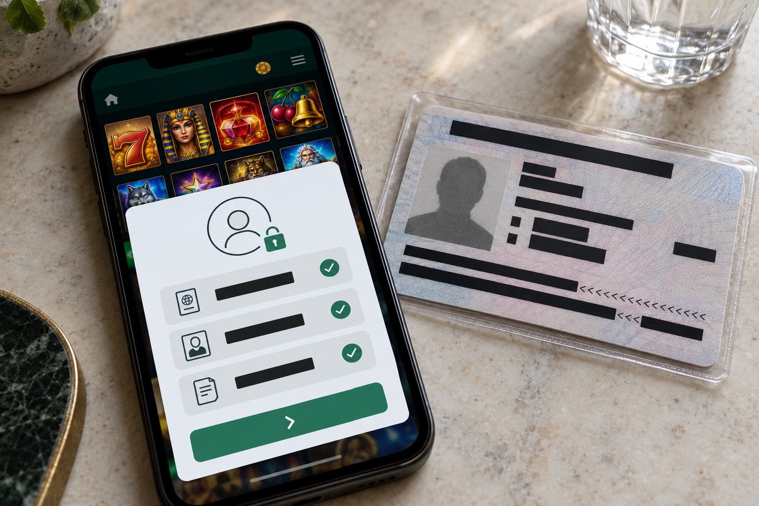 Masked identity document beside a casino account upload screen