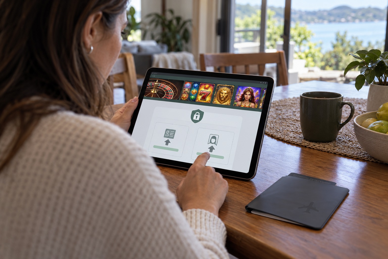 Player completing an online casino identity check on a tablet
