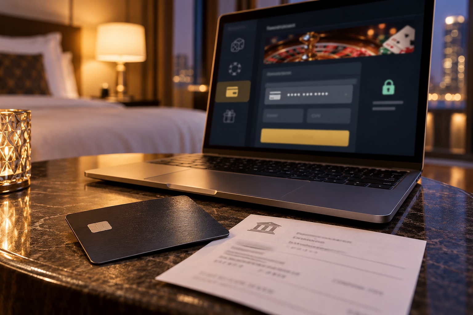 Masked casino cashier details on a laptop beside a bank card
