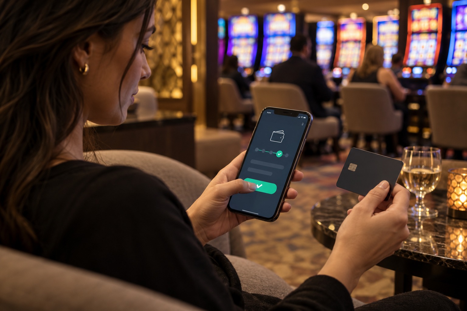 Player confirming an online casino deposit in a casino lounge