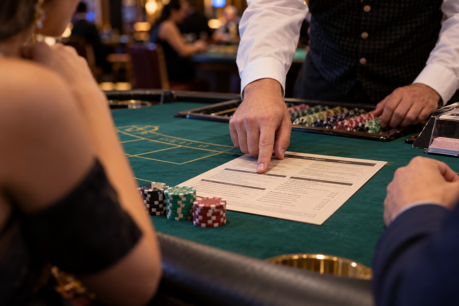 Casino table rules card and chips beside a roulette game