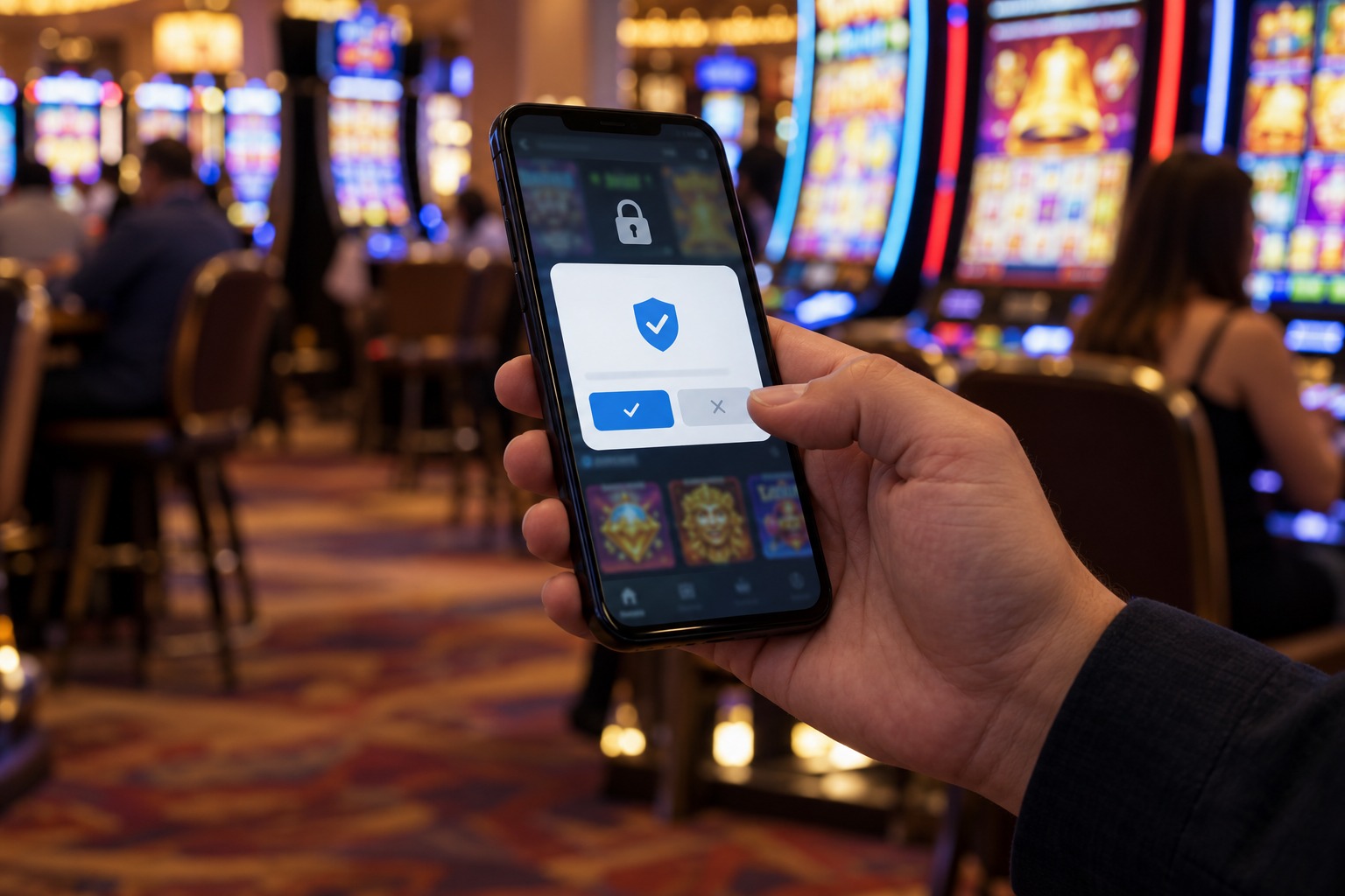Phone showing casino account verification at a gaming floor