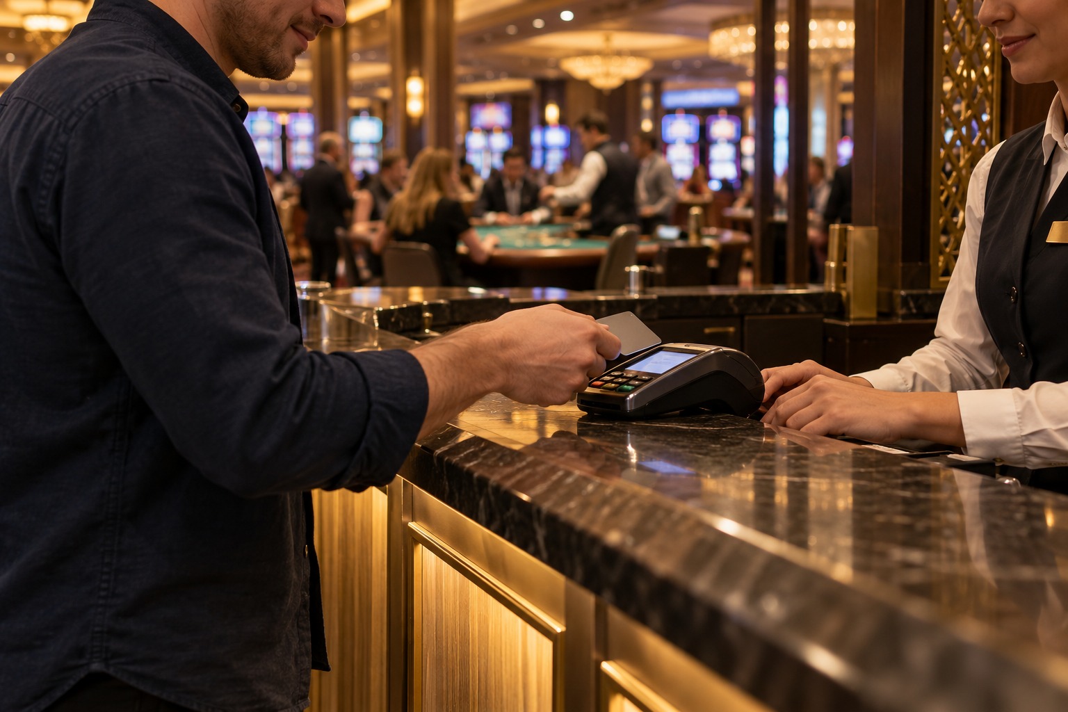 Bank card payment at a casino cashier counter