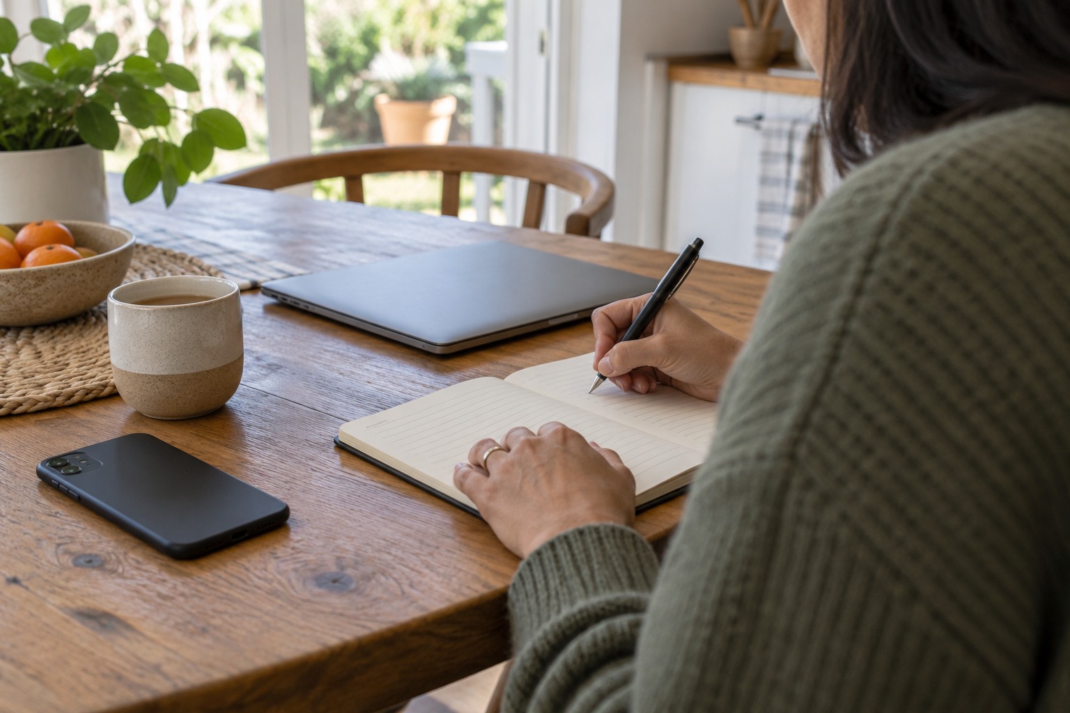 Person writing a personal time or spending limit in a notebook at home